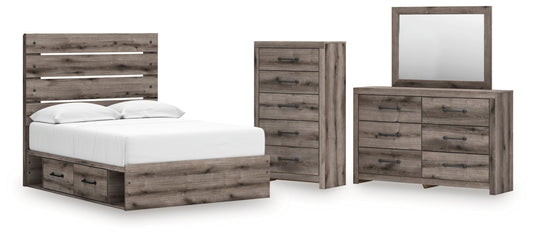 Graystorm Full Panel Bed with Storage, Dresser, Mirror and Chest