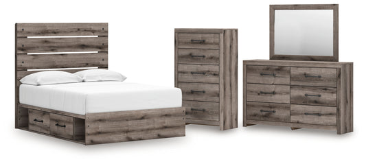 Graystorm Full Panel Storage Bed, Dresser, Mirror and Chest