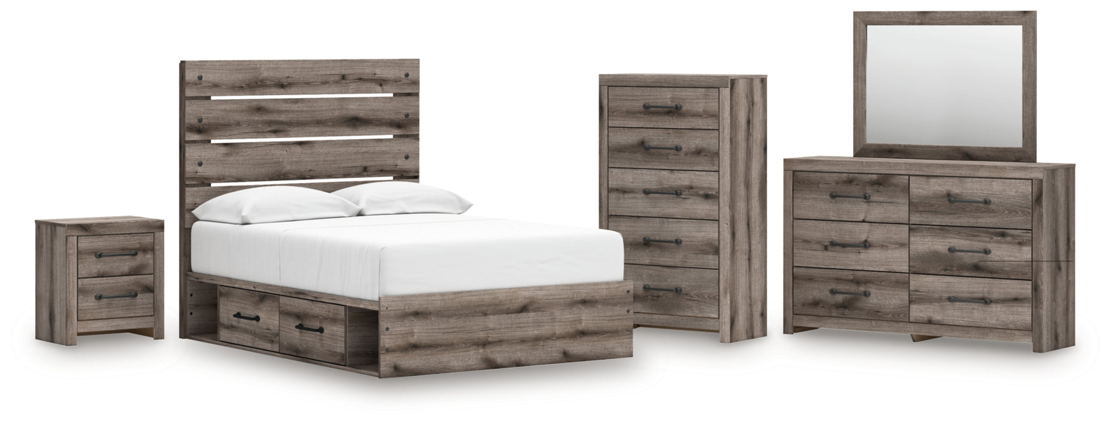 Graystorm Full Panel Storage Bed, Dresser, Mirror, Chest and Nightstand