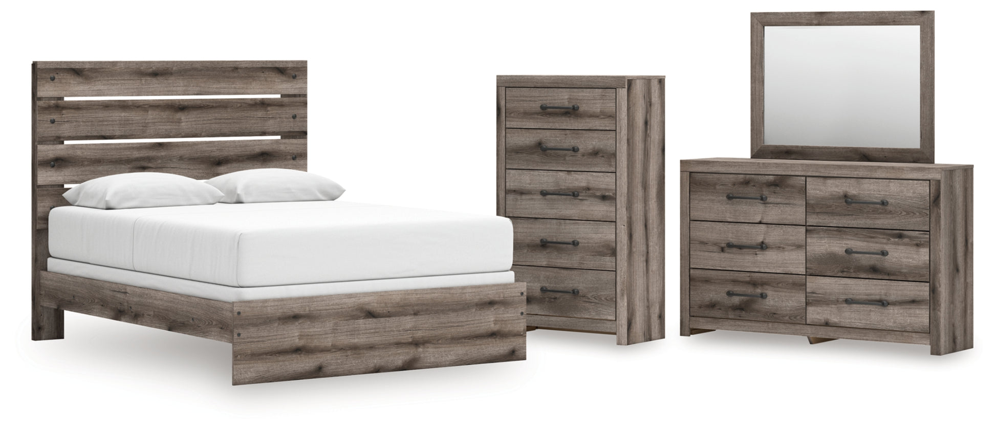 Graystorm Queen Panel Bed, Dresser, Mirror and Chest