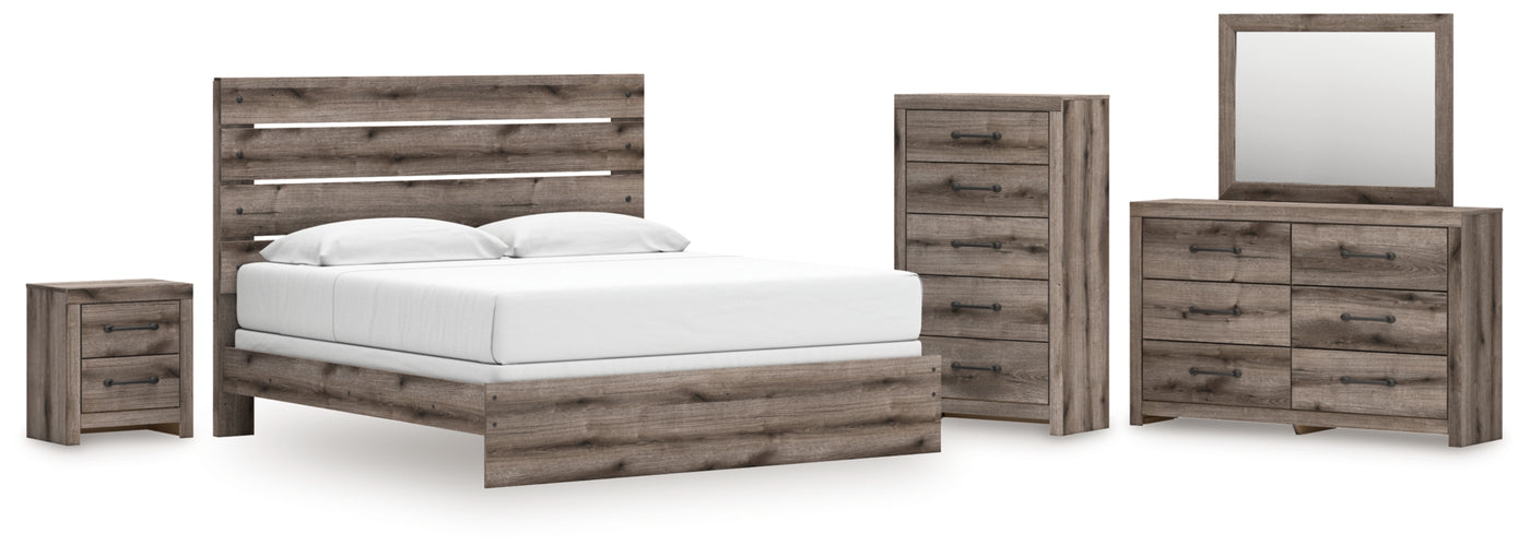 Graystorm King Panel Bed, Dresser, Mirror, Chest and Nightstand