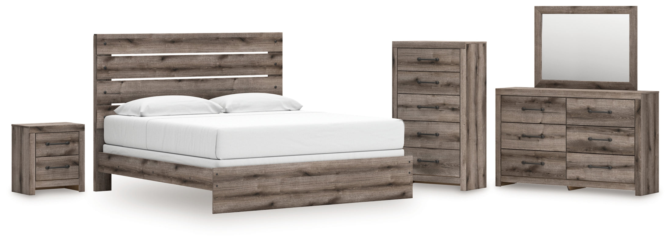Graystorm King Panel Bed, Dresser, Mirror, Chest and Nightstand