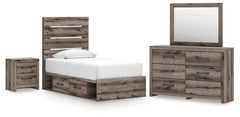Graystorm Twin Panel Bed with Storage, Dresser, Mirror and Nightstand