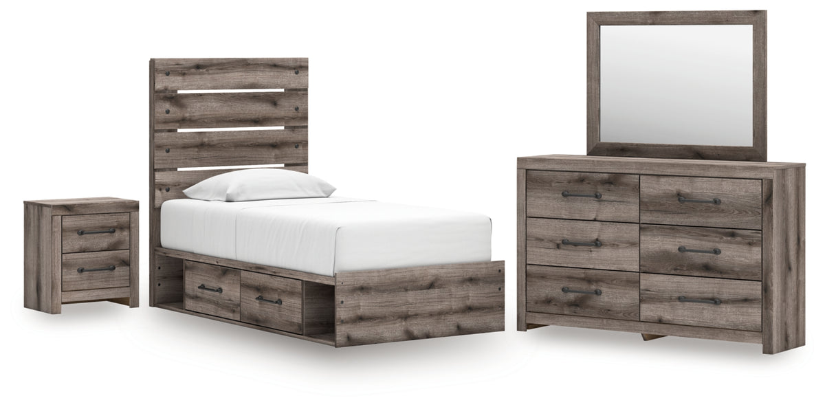 Graystorm Twin Panel Storage Bed, Dresser, Mirror and Nightstand
