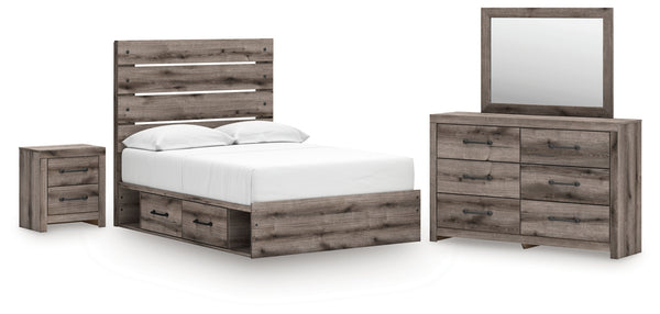 Graystorm Full Panel Storage Bed, Dresser, Mirror and Nightstand