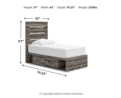 Graystorm Twin Panel Bed with Storage, Dresser, Mirror and Chest