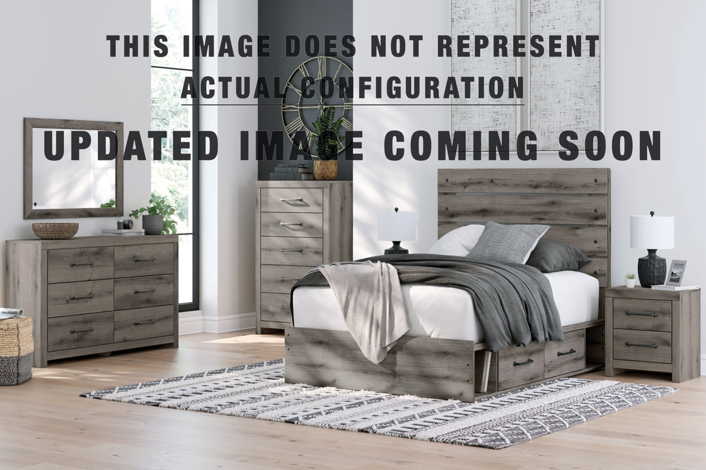 Graystorm Queen Panel Bed with Storage, Dresser, Mirror, Chest and Nightstand