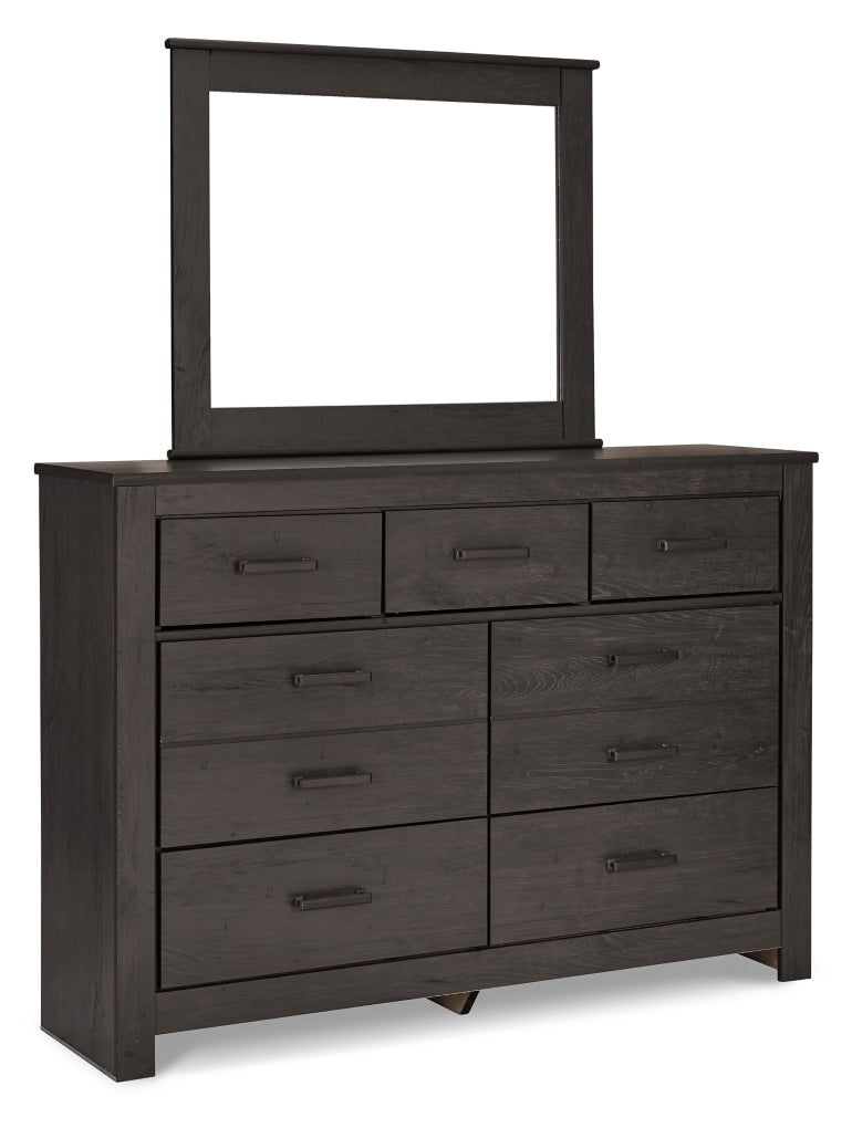 Brinxton Queen/Full Panel Headboard Bed with Mirrored Dresser and Chest
