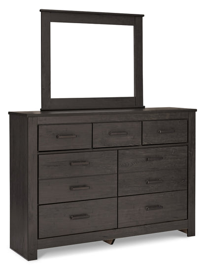 Brinxton Queen/Full Panel Headboard Bed with Mirrored Dresser and Chest