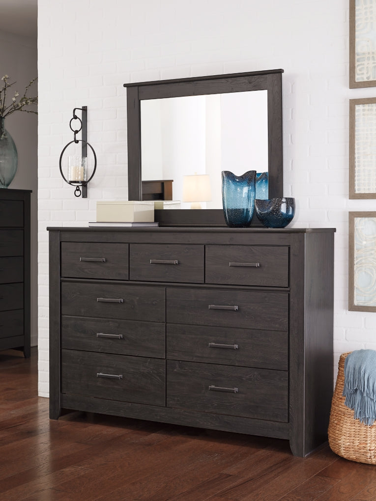 Brinxton Queen/Full Panel Headboard Bed with Mirrored Dresser and Chest