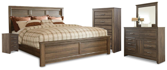Juararo California King Panel Bed with Mirrored Dresser, Chest and Nightstand