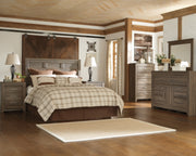 Juararo Queen Panel Headboard Bed with Mirrored Dresser and Chest