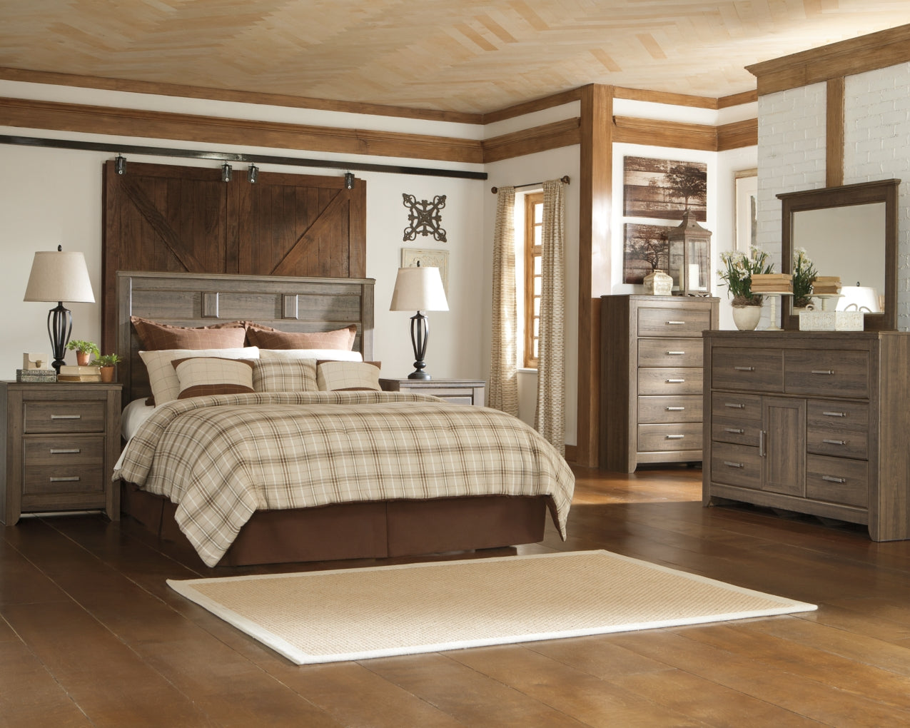 Juararo Queen Panel Headboard Bed with Mirrored Dresser and Chest