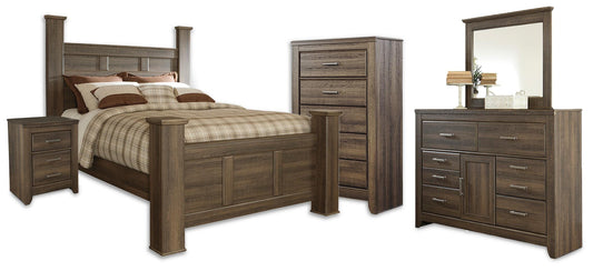 Juararo Queen Poster Bed with Mirrored Dresser, Chest and Nightstand