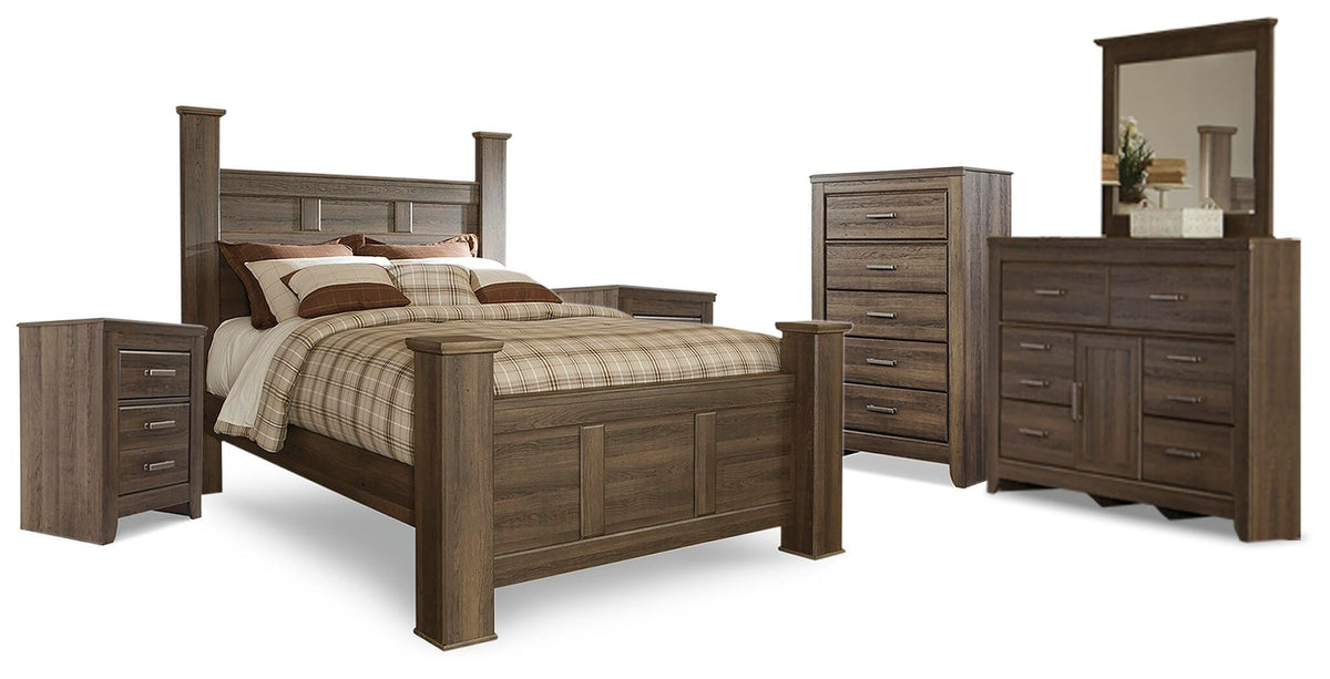 Juararo Queen Poster Bed, Dresser, Mirror, Chest and 2 Nightstands