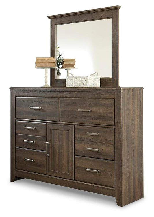 Juararo Queen Poster Bed with Mirrored Dresser, Chest and Nightstand