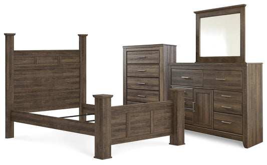Juararo Queen Poster Bed with Mirrored Dresser and Chest