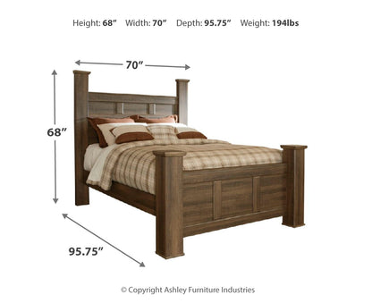 Juararo Queen Poster Bed with Mirrored Dresser and Chest