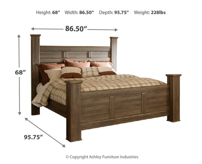 Juararo King Poster Bed with Mirrored Dresser, Chest and Nightstand