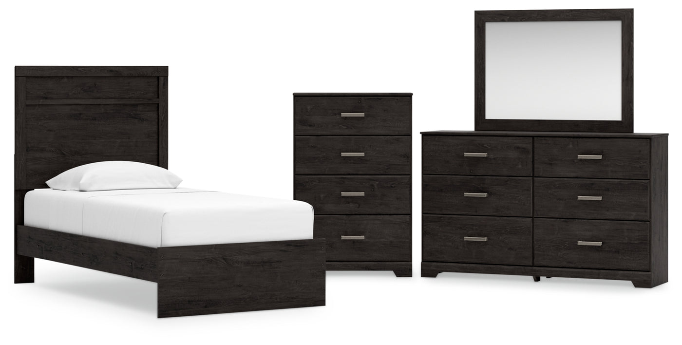 Belachime Twin Panel Bed with Mirrored Dresser and Chest