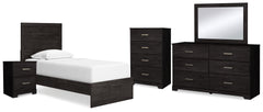 Belachime Twin Panel Bed with Mirrored Dresser, Chest and Nightstand