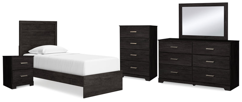 Belachime Twin Panel Bed with Mirrored Dresser, Chest and Nightstand
