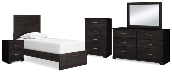 Belachime Twin Panel Bed with Mirrored Dresser, Chest and Nightstand