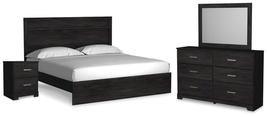 Belachime King Panel Bed with Mirrored Dresser and Nightstand