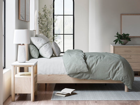 Cadmori Queen Upholstered Panel Bed with Mirrored Dresser and Nightstand