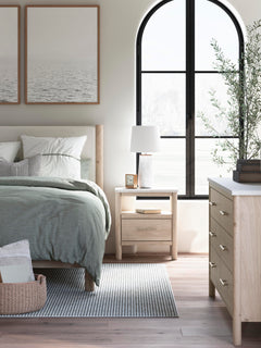 Cadmori Queen Upholstered Panel Bed with Mirrored Dresser and Nightstand