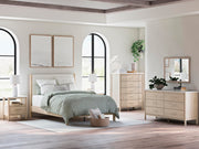 Cadmori Queen Upholstered Panel Bed with Mirrored Dresser and Nightstand