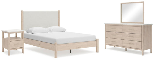 Cadmori Queen Upholstered Panel Bed with Mirrored Dresser and Nightstand