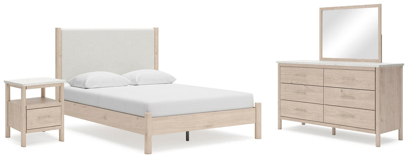 Cadmori Queen Upholstered Panel Bed with Mirrored Dresser and Nightstand