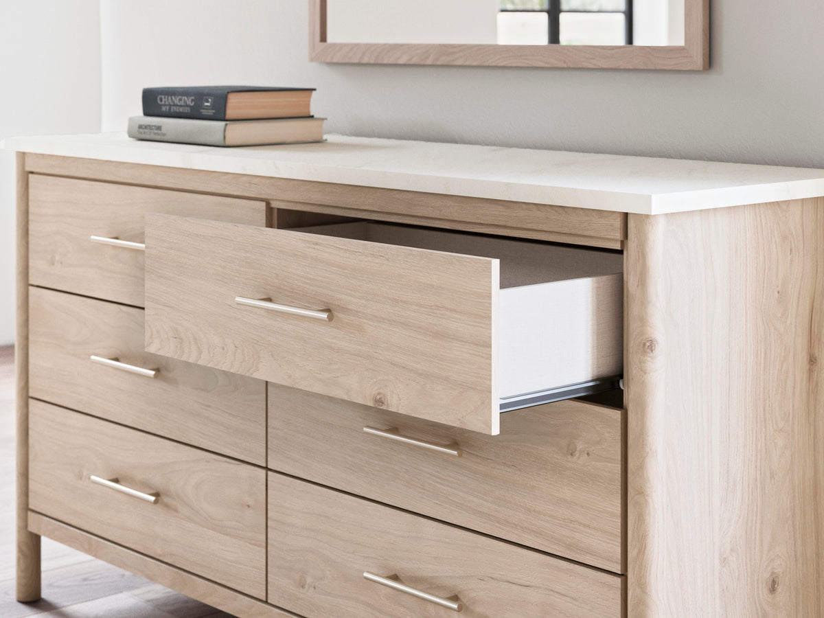 Cadmori King Upholstered Panel Bed, Dresser, Mirror and Nightstand