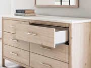Cadmori Queen Upholstered Panel Bed with Mirrored Dresser and Nightstand