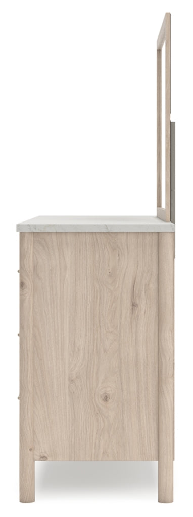 Cadmori Queen Upholstered Panel Bed with Mirrored Dresser, Chest and Nightstand