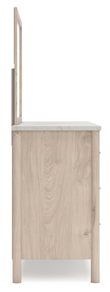 Cadmori Queen Upholstered Panel Bed with Mirrored Dresser, Chest and Nightstand