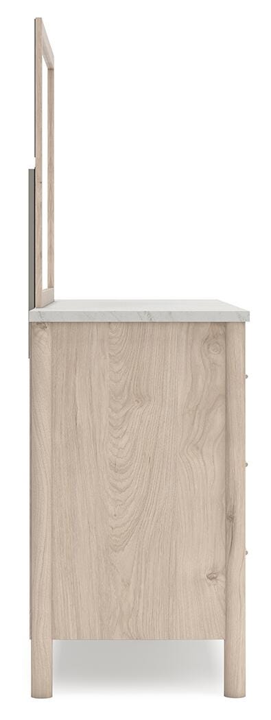 Cadmori Queen Upholstered Panel Bed with Mirrored Dresser and Nightstand