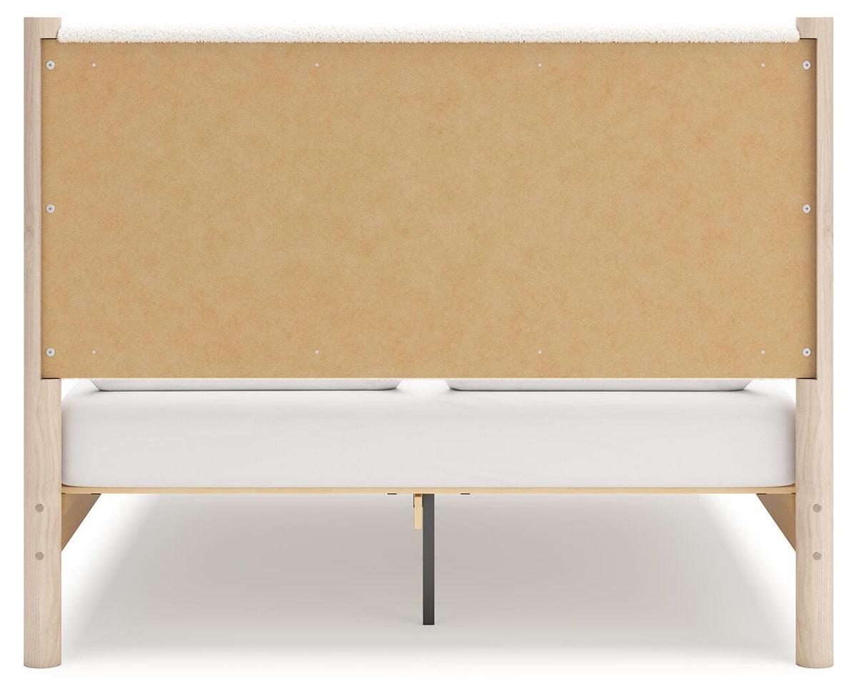 Cadmori Queen Upholstered Panel Bed with Mirrored Dresser and Nightstand