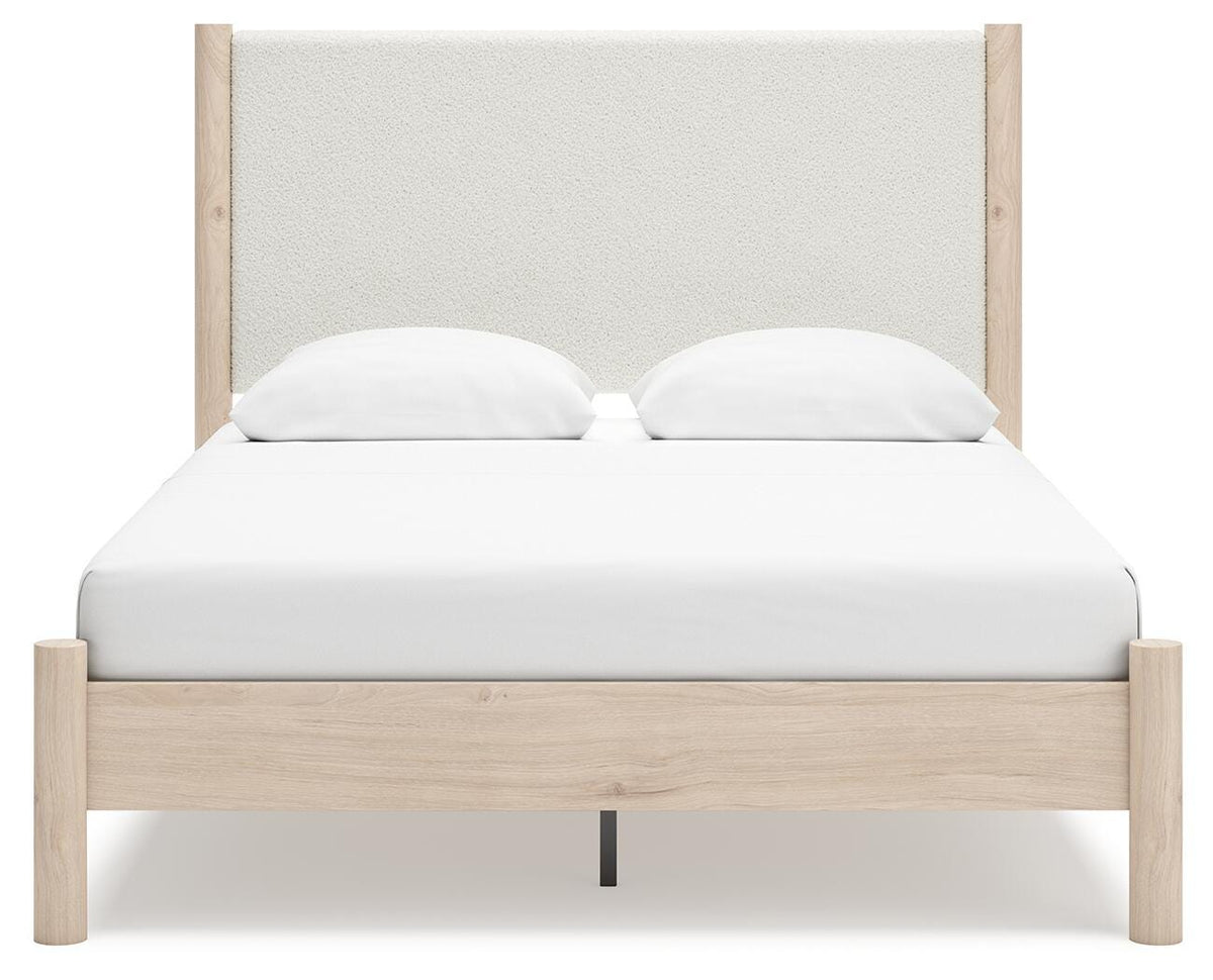 Cadmori Queen Upholstered Panel Bed with Mirrored Dresser and Nightstand