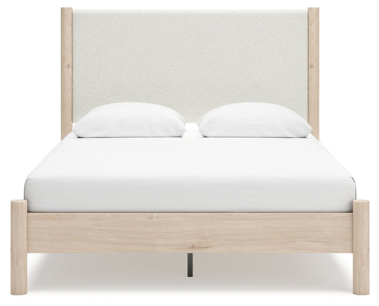 Cadmori Queen Upholstered Panel Bed with Mirrored Dresser and Chest