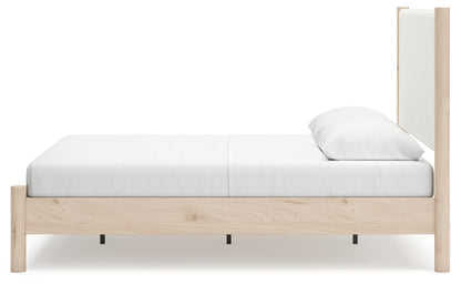 Cadmori Queen Upholstered Panel Bed with Mirrored Dresser and Chest