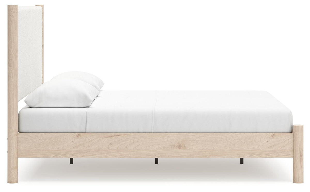 Cadmori Queen Upholstered Panel Bed with Mirrored Dresser and Nightstand