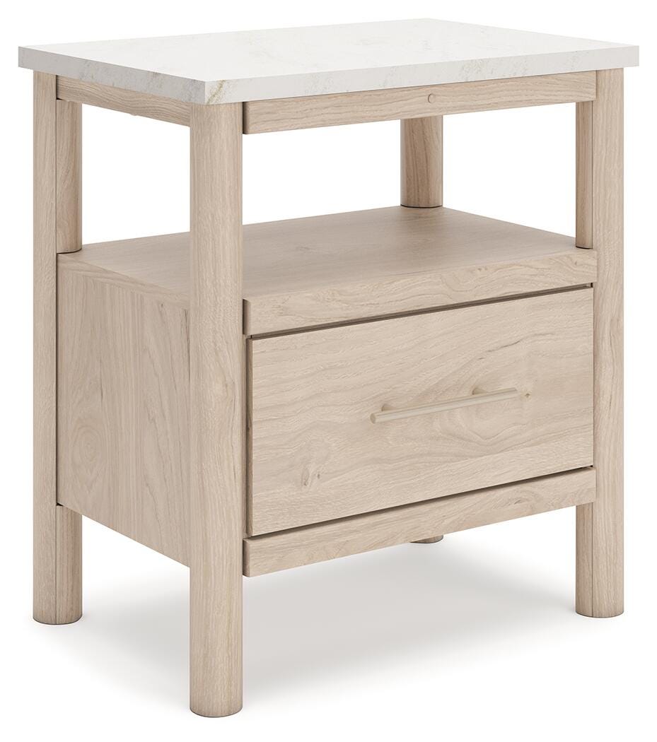 Cadmori King Upholstered Panel Bed, Dresser, Mirror and Nightstand