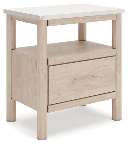 Cadmori King Upholstered Panel Bed, Dresser, Mirror and Nightstand