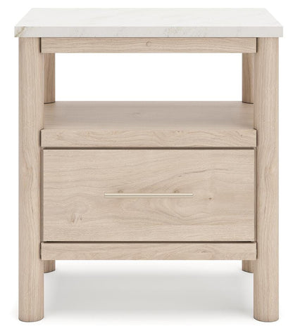 Cadmori King Upholstered Panel Bed, Dresser, Mirror and Nightstand
