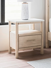 Cadmori King Upholstered Panel Bed, Dresser, Mirror and Nightstand
