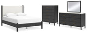 Cadmori Queen Upholstered Panel Bed, Dresser, Mirror and Chest