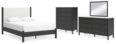 Cadmori Queen Upholstered Panel Bed, Dresser, Mirror and Chest