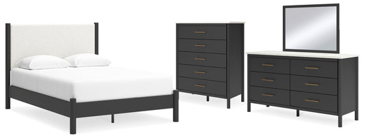 Cadmori Queen Upholstered Panel Bed, Dresser, Mirror and Chest